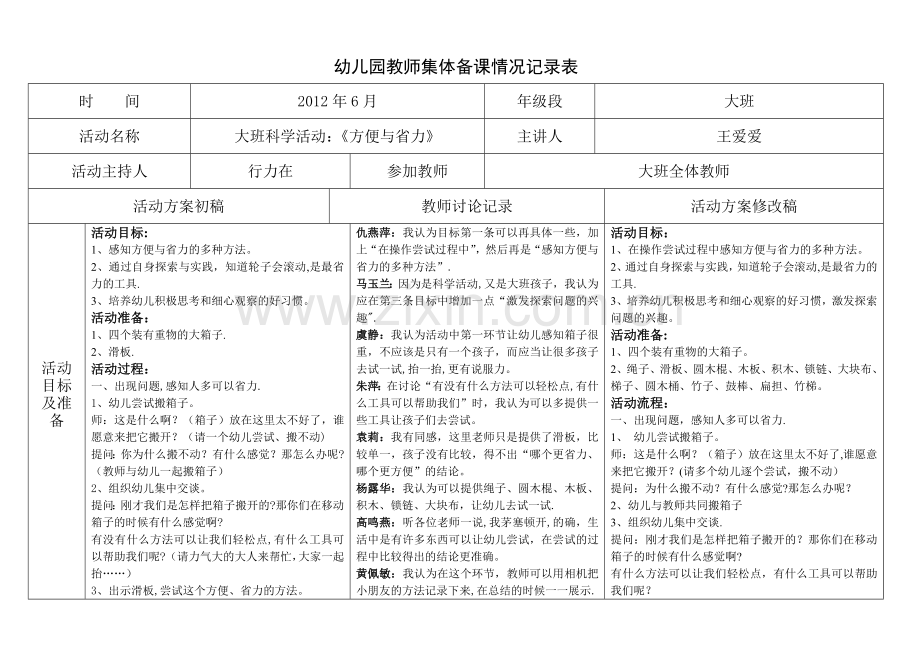 幼儿园教师集体备课情况记录表.doc_第1页