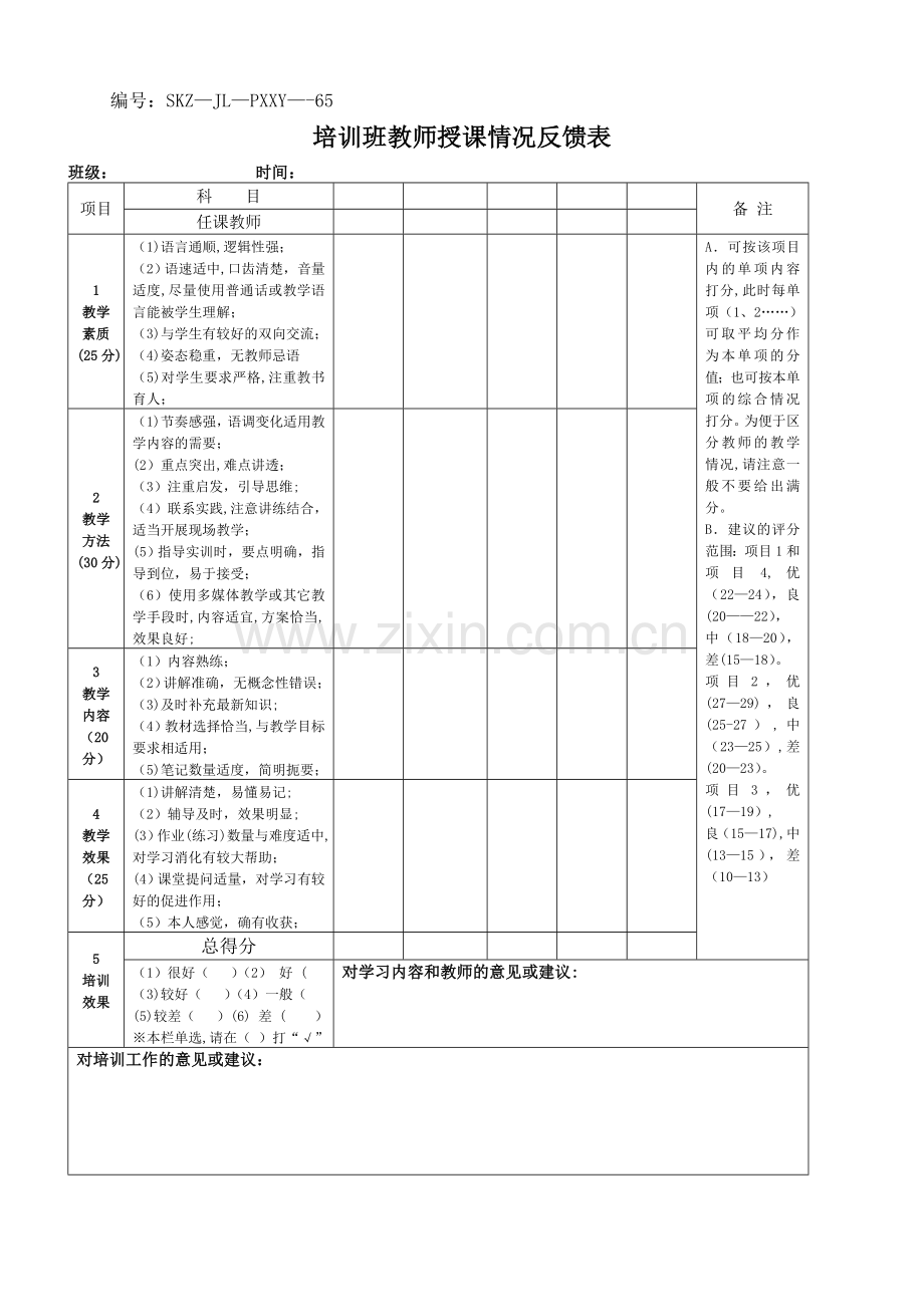 培训班教师授课情况反馈表.doc_第1页