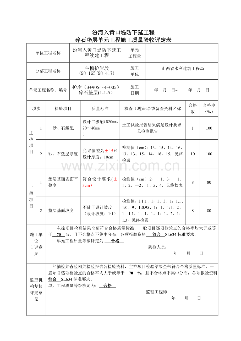 砂(石)垫层单元工程施工质量验收评定表5.doc_第1页