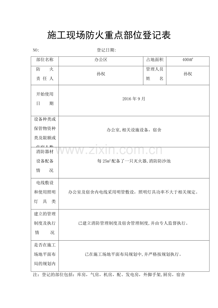 施工现场防火重点部位登记表.docx_第1页