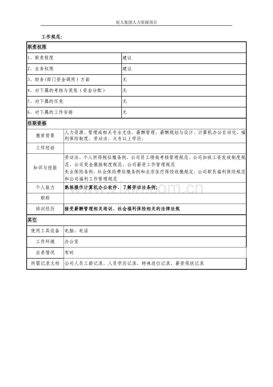 薪酬福利专员岗位说明书模板.doc_第3页