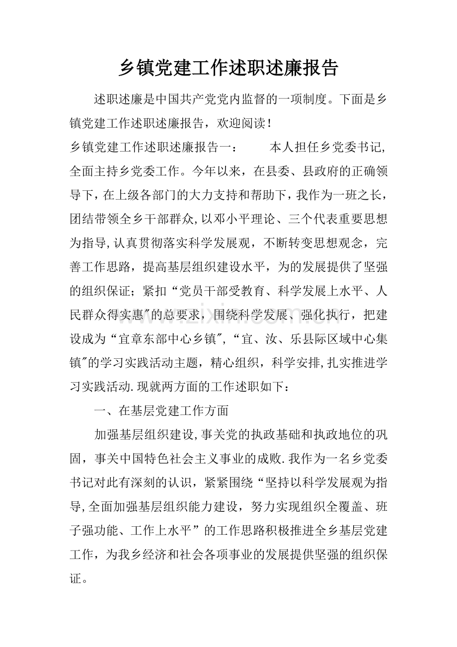 乡镇党建工作述职述廉报告.docx_第1页