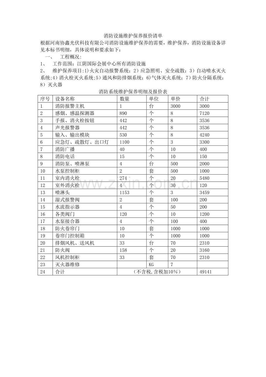 消防设施维护保养报价清单.doc_第1页