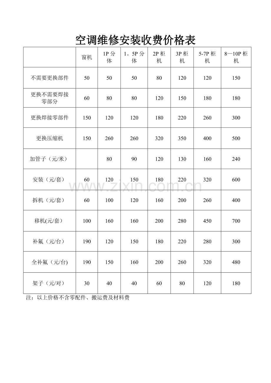 空调维修安装收费价格表.doc_第1页