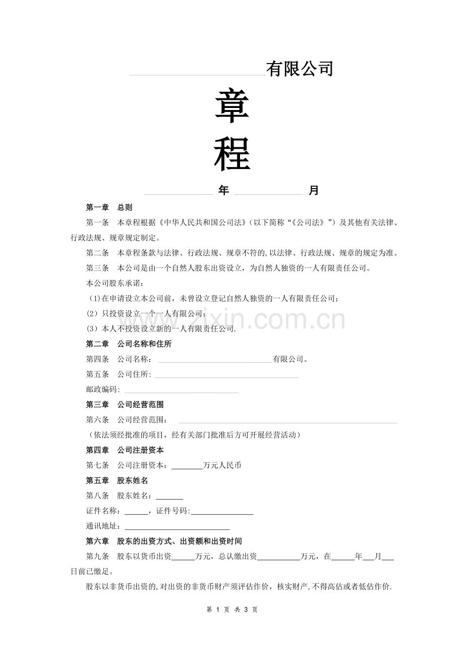 一人公司章程---(工商局版).doc_第1页