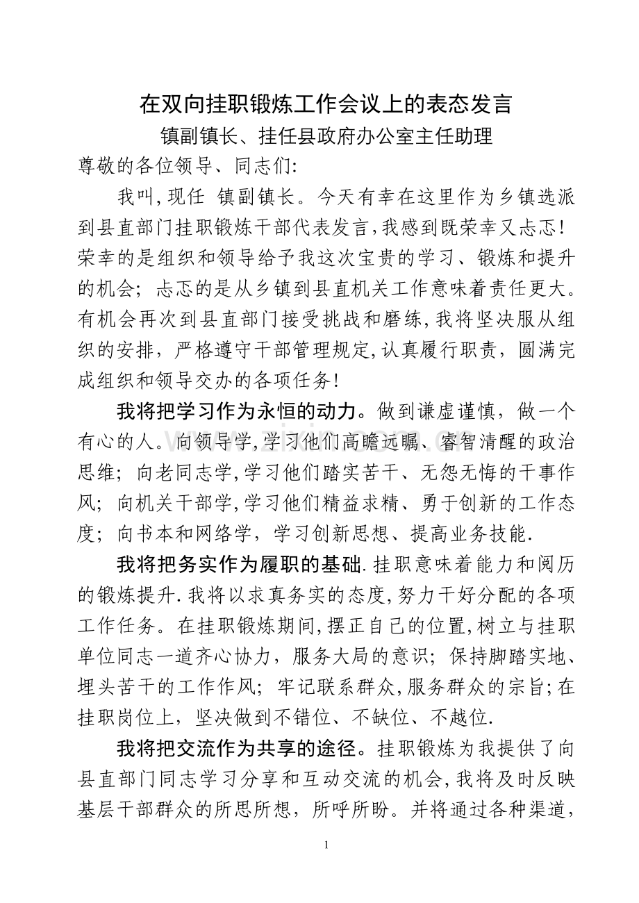 挂职干部表态发言.doc_第1页