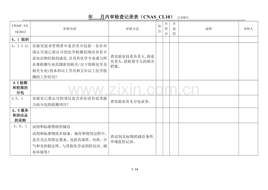 实验室认可内审检查表(C化学实验室NAS-CL10).doc_第1页