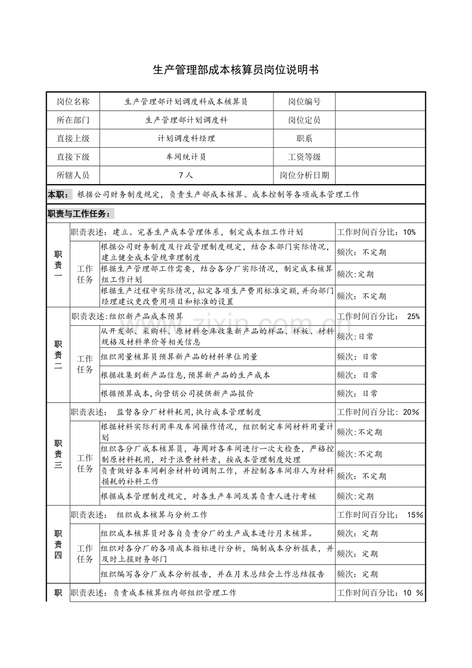 生产管理部成本核算员岗位说明书.docx_第1页