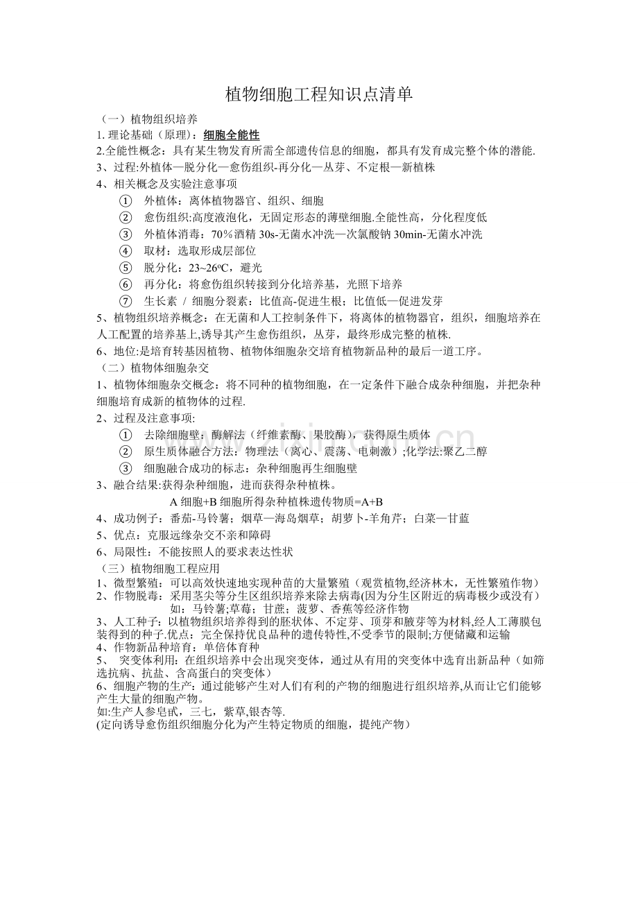 生物选修三植物细胞工程知识点清单(自主整理适合学生识记).doc_第1页