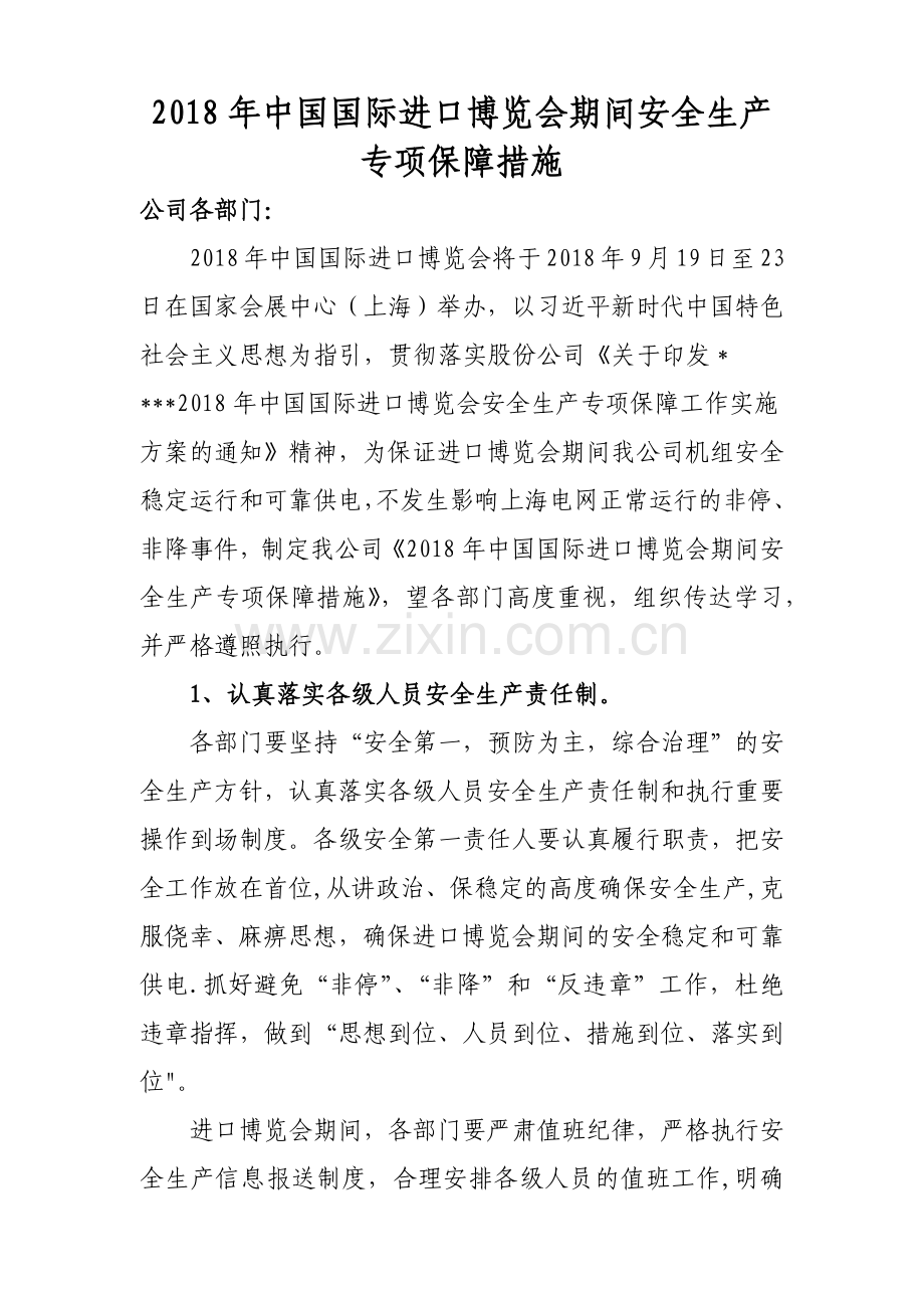 电厂进口博览会期间安全生产专项保障措施.docx_第1页