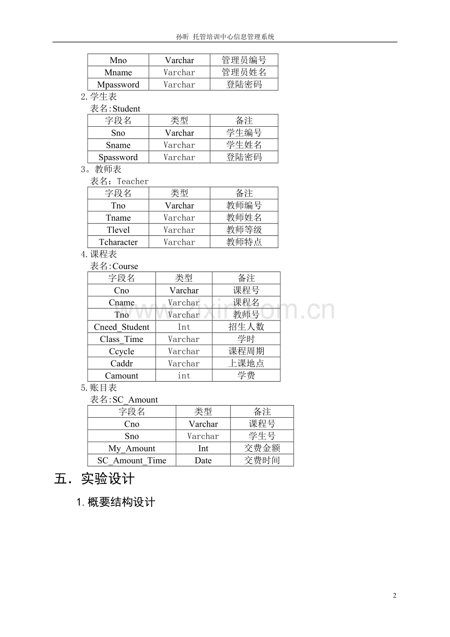 托管培训中心信息管理系统课设报告.doc_第2页