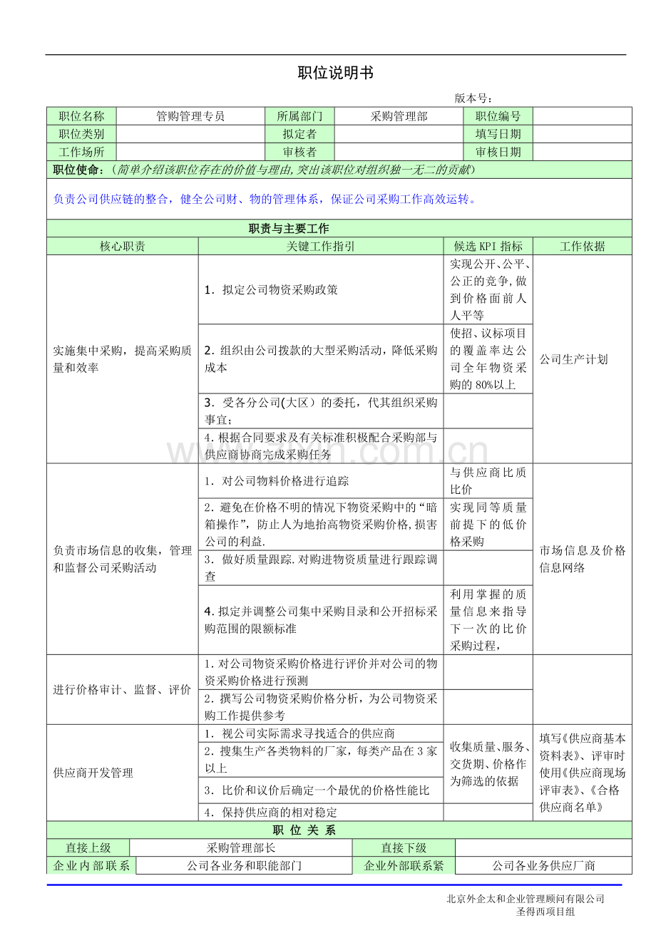 职位说明书(采购管理部专员刘壮伟).doc_第1页