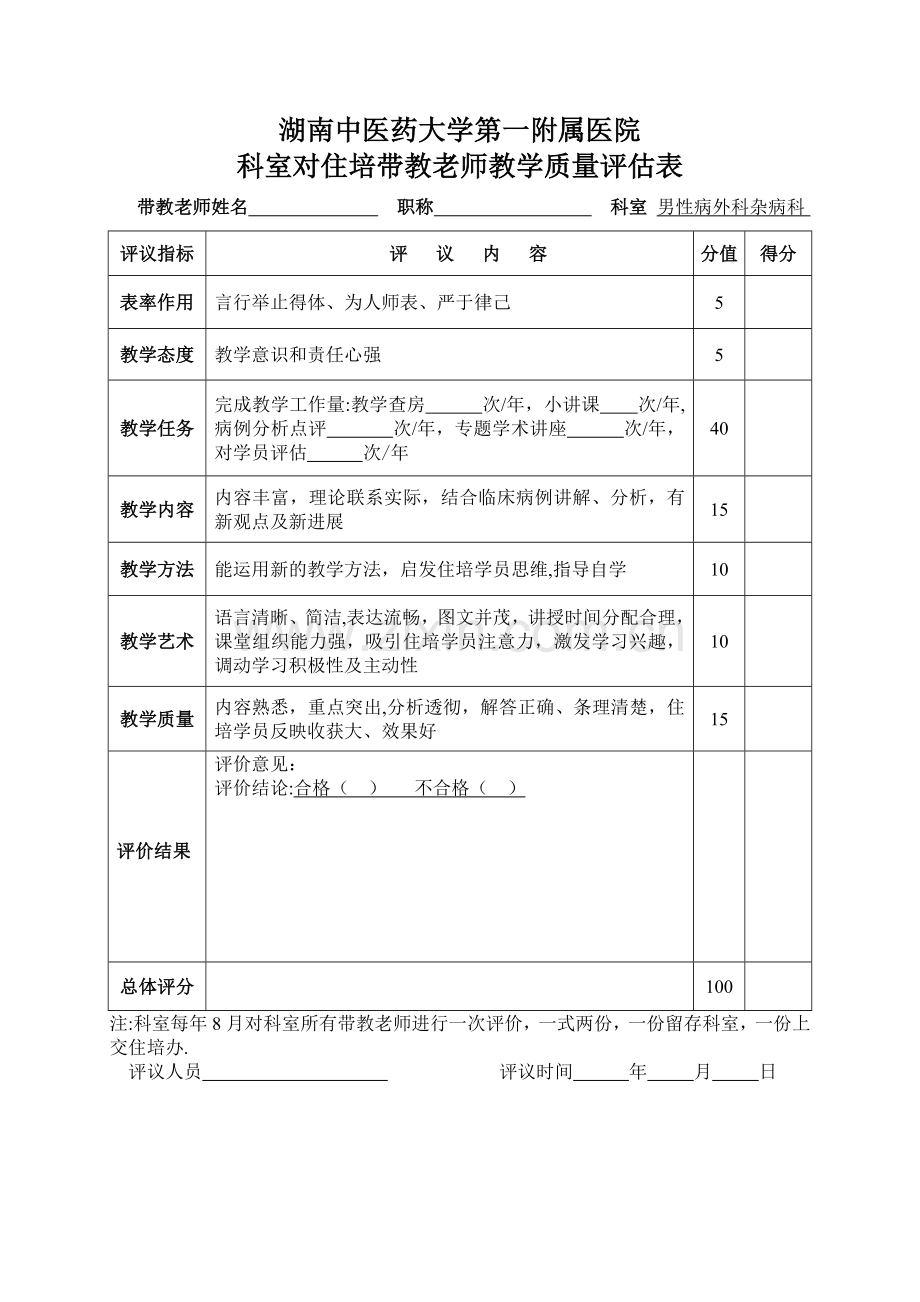 科室对住培带教老师教学质量评估表.doc_第1页