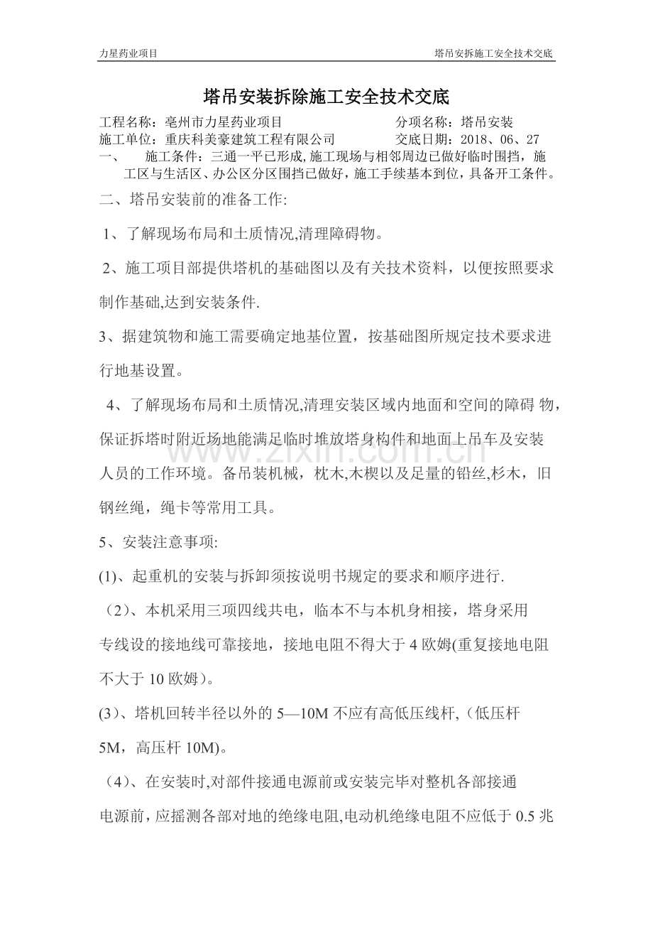 塔吊安装拆除施工安全技术交底.docx_第1页