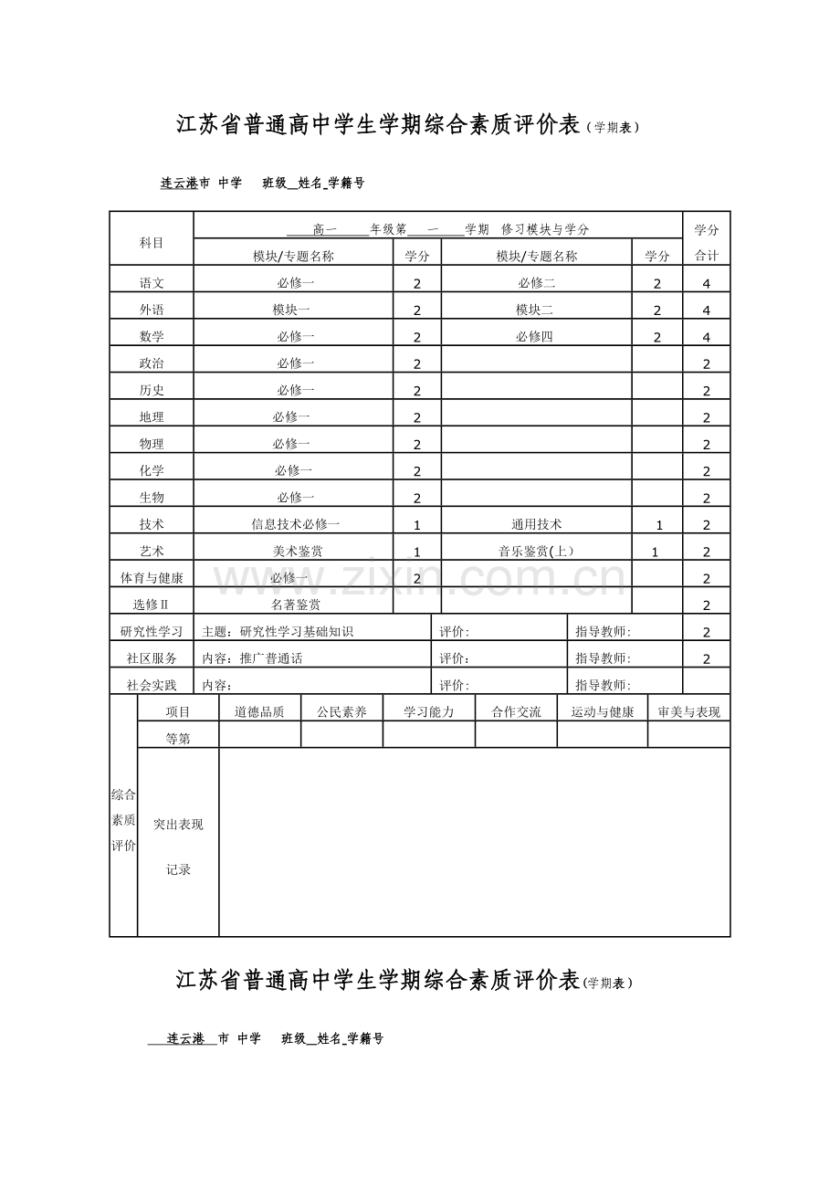 江苏省普通高中学生学期综合素质评价表(学期表).doc_第1页