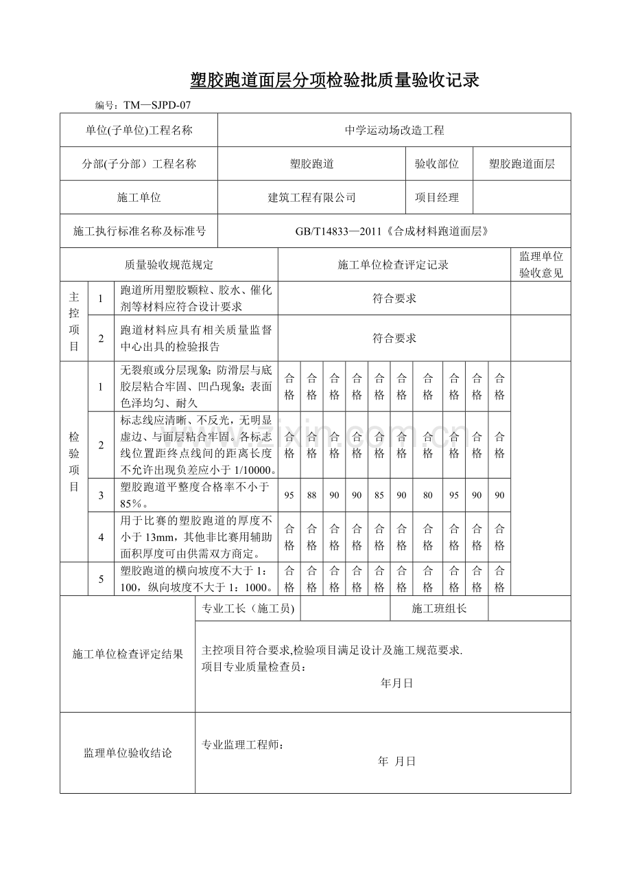 塑胶跑道检验批质量验收记录.doc_第1页