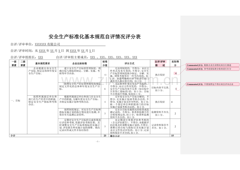 安全生产标准化自评情况评分表.doc_第1页