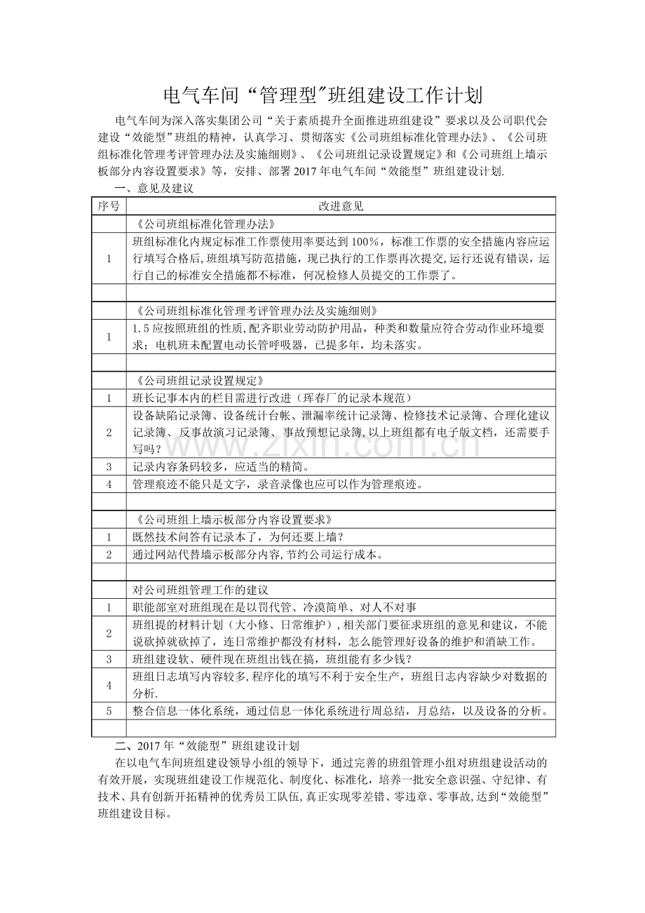 电气车间班组建设建议及工作计划.doc_第1页