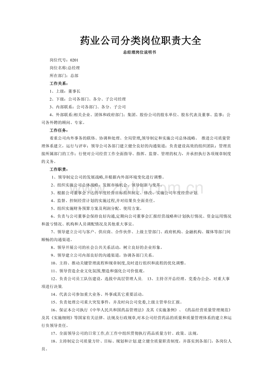 药业公司岗位职责综合大全(1).doc_第1页