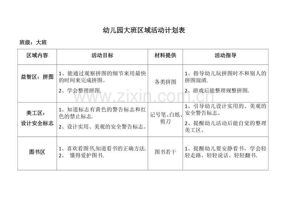 幼儿园大班区域活动计划表.doc_第1页