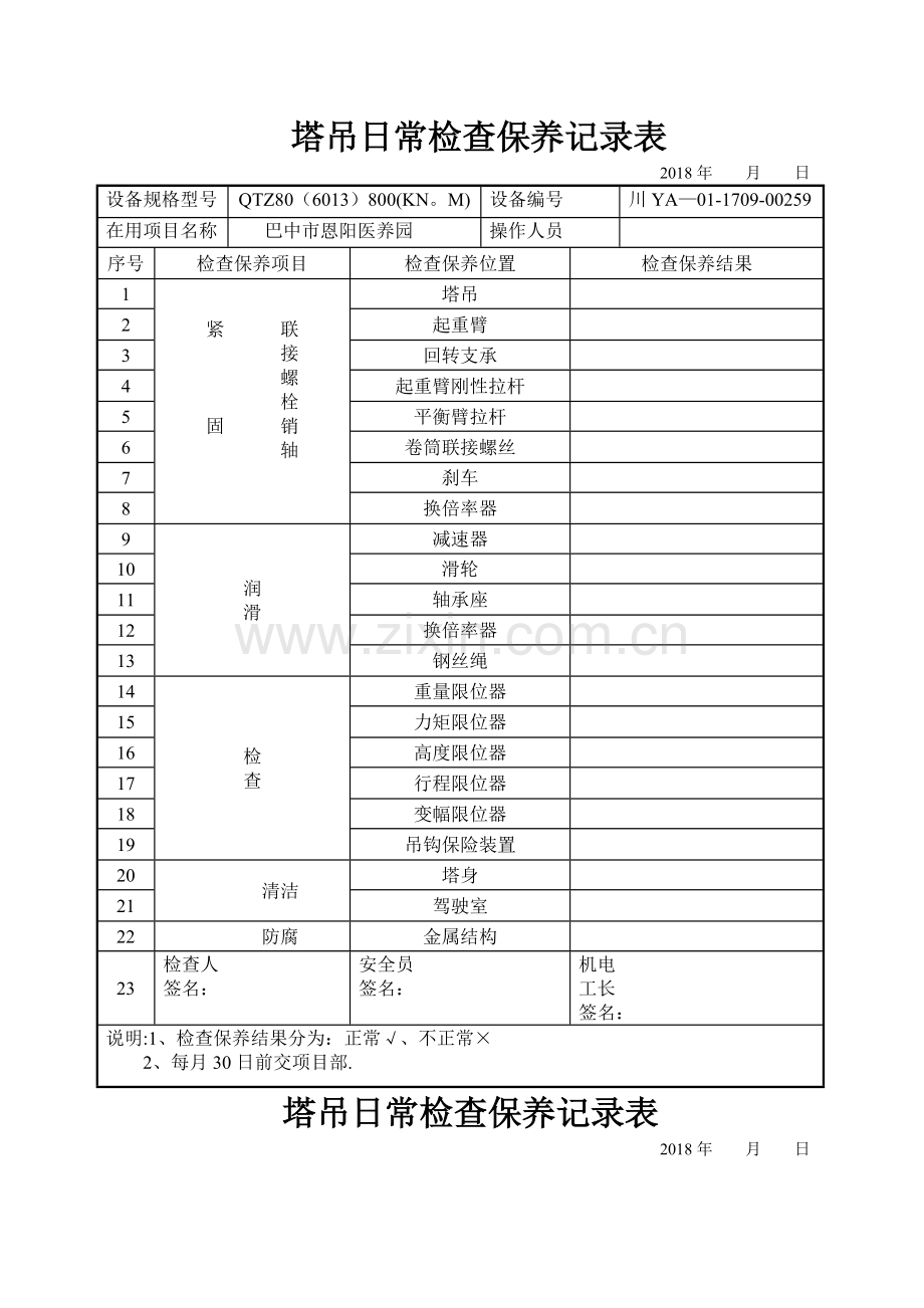 塔吊日常检查保养记录表.doc_第1页