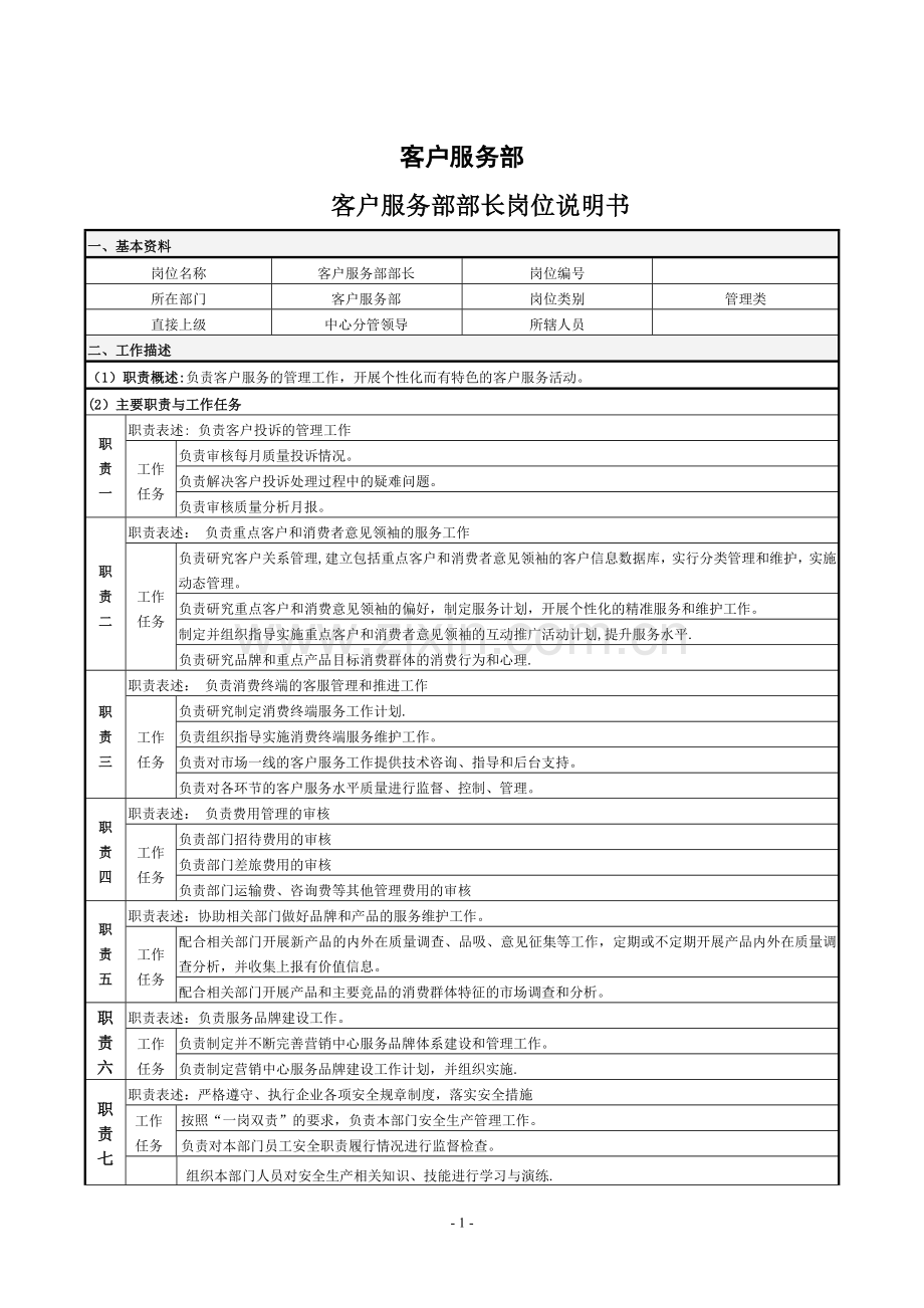 营销中心客户服务部岗位说明书.doc_第1页