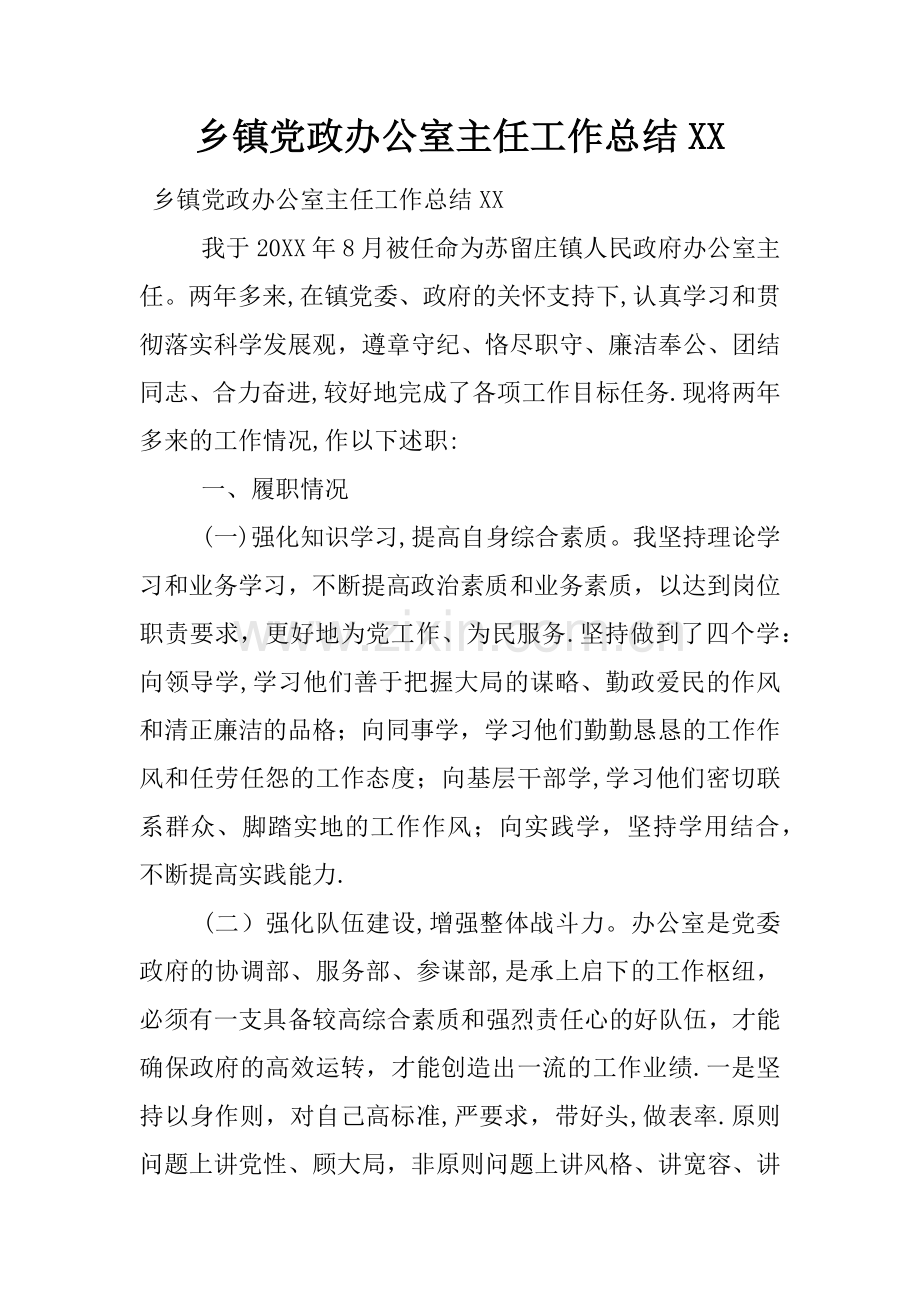 乡镇党政办公室主任工作总结XX.docx_第1页