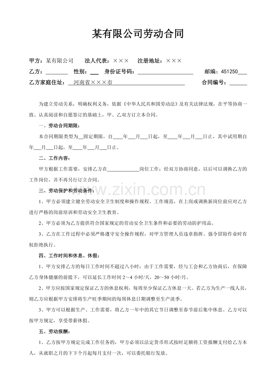 某有限公司劳动合同书.doc_第1页