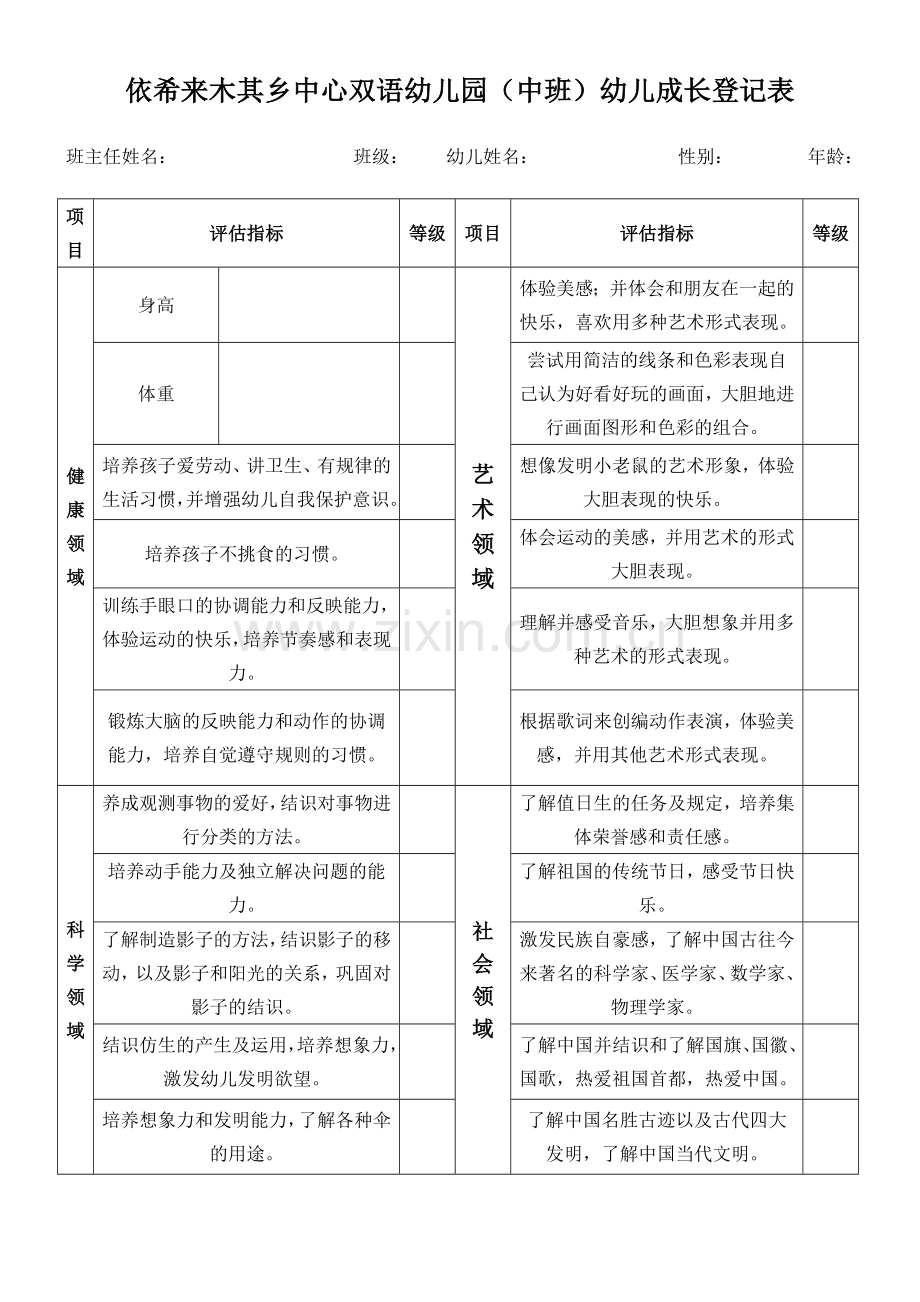 幼儿成长记录表中班.doc_第1页