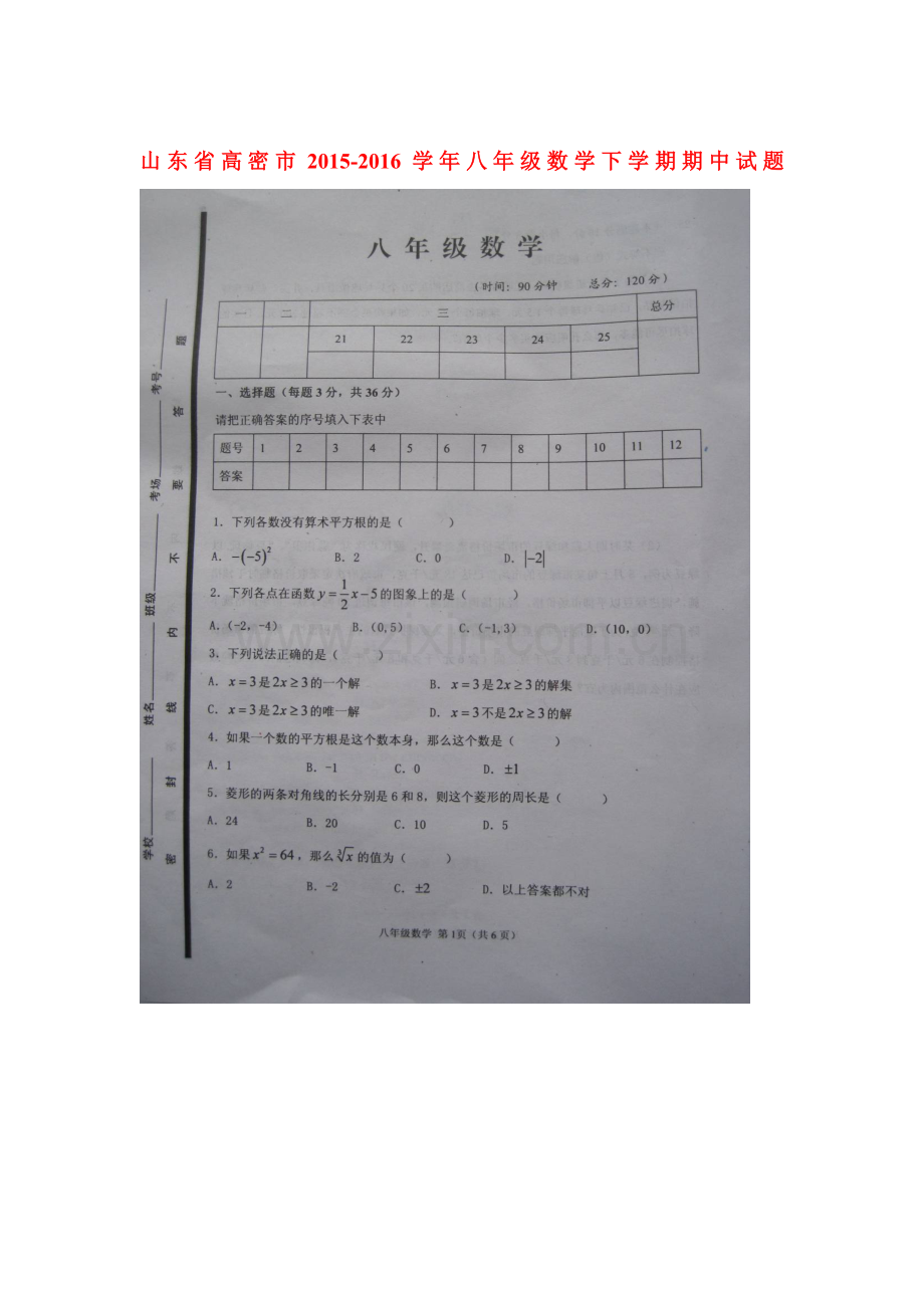 山东省高密市2015-2016学年八年级物理下册期中试题1.doc_第1页