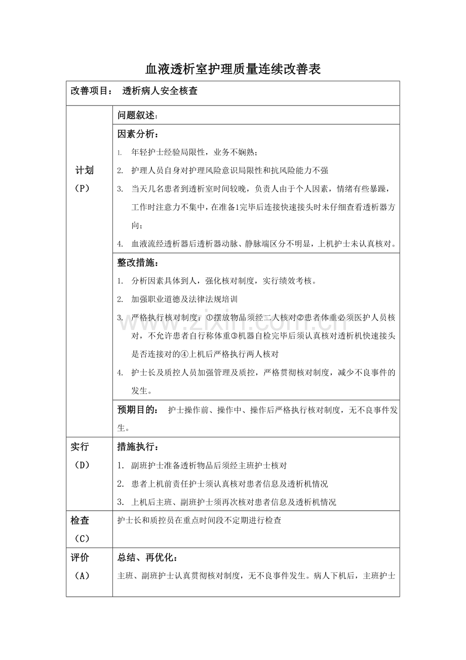 血液透析室护理质量持续改进表.doc_第1页