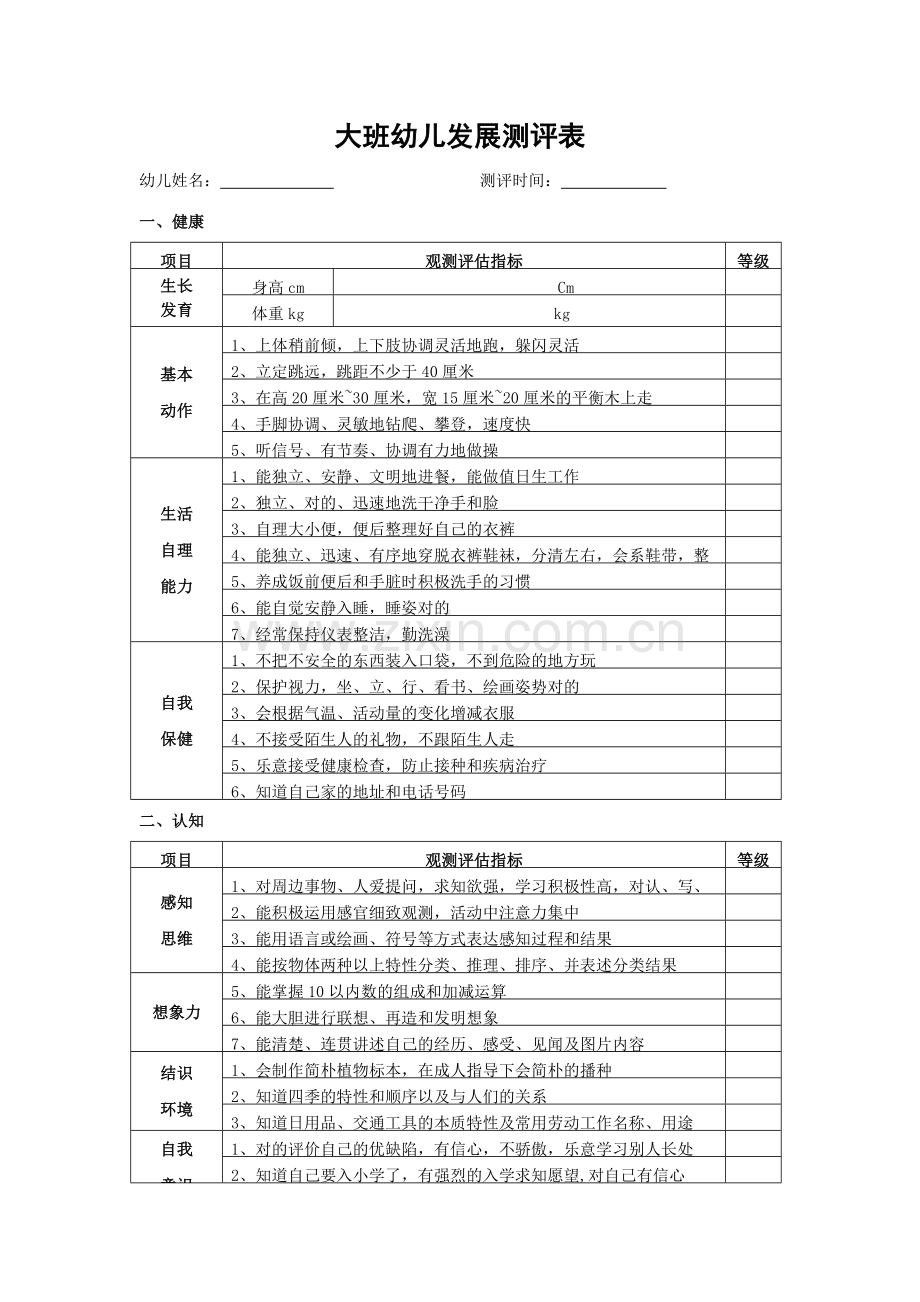 幼儿园大班幼儿发展评估表2.doc_第1页