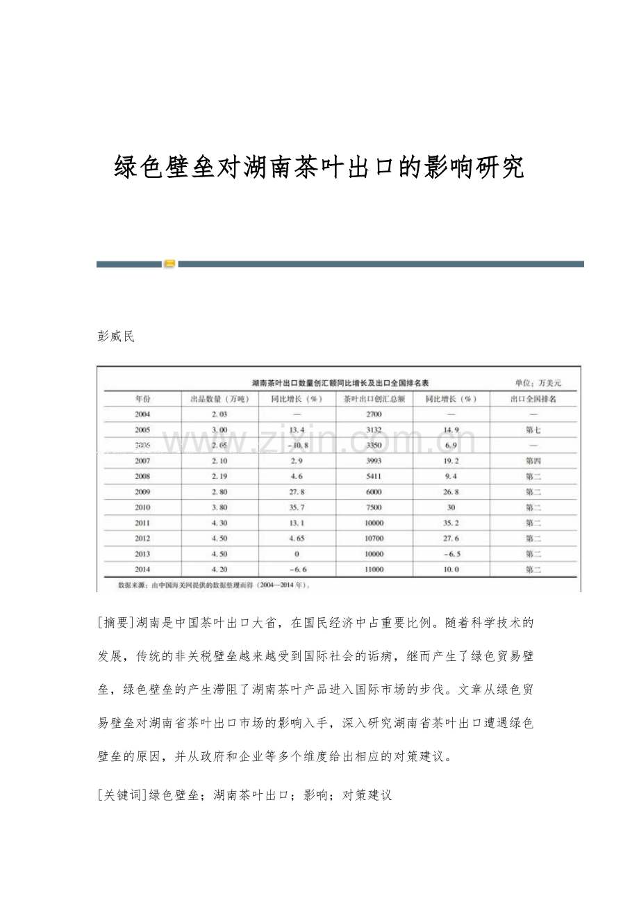 绿色壁垒对湖南茶叶出口的影响研究.docx_第1页