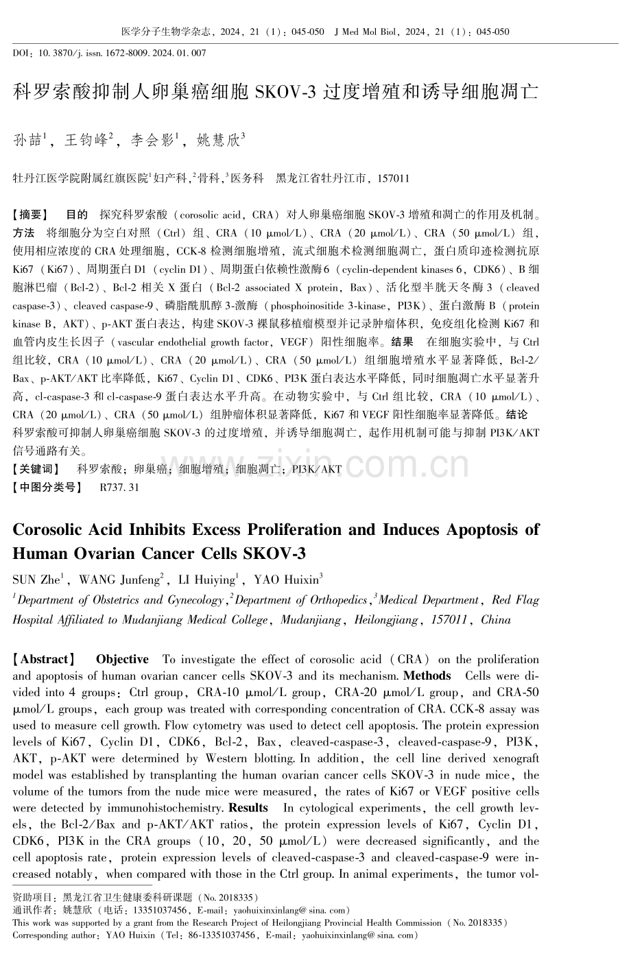 科罗索酸抑制人卵巢癌细胞SKOV-3过度增殖和诱导细胞凋亡.pdf_第1页