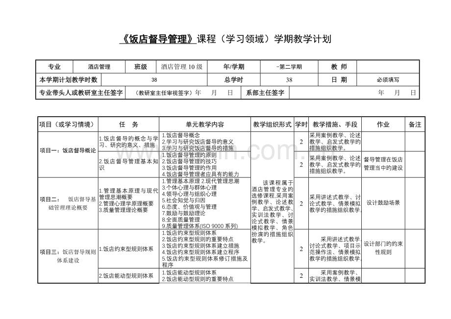 《饭店督导管理》学期计划.doc_第1页