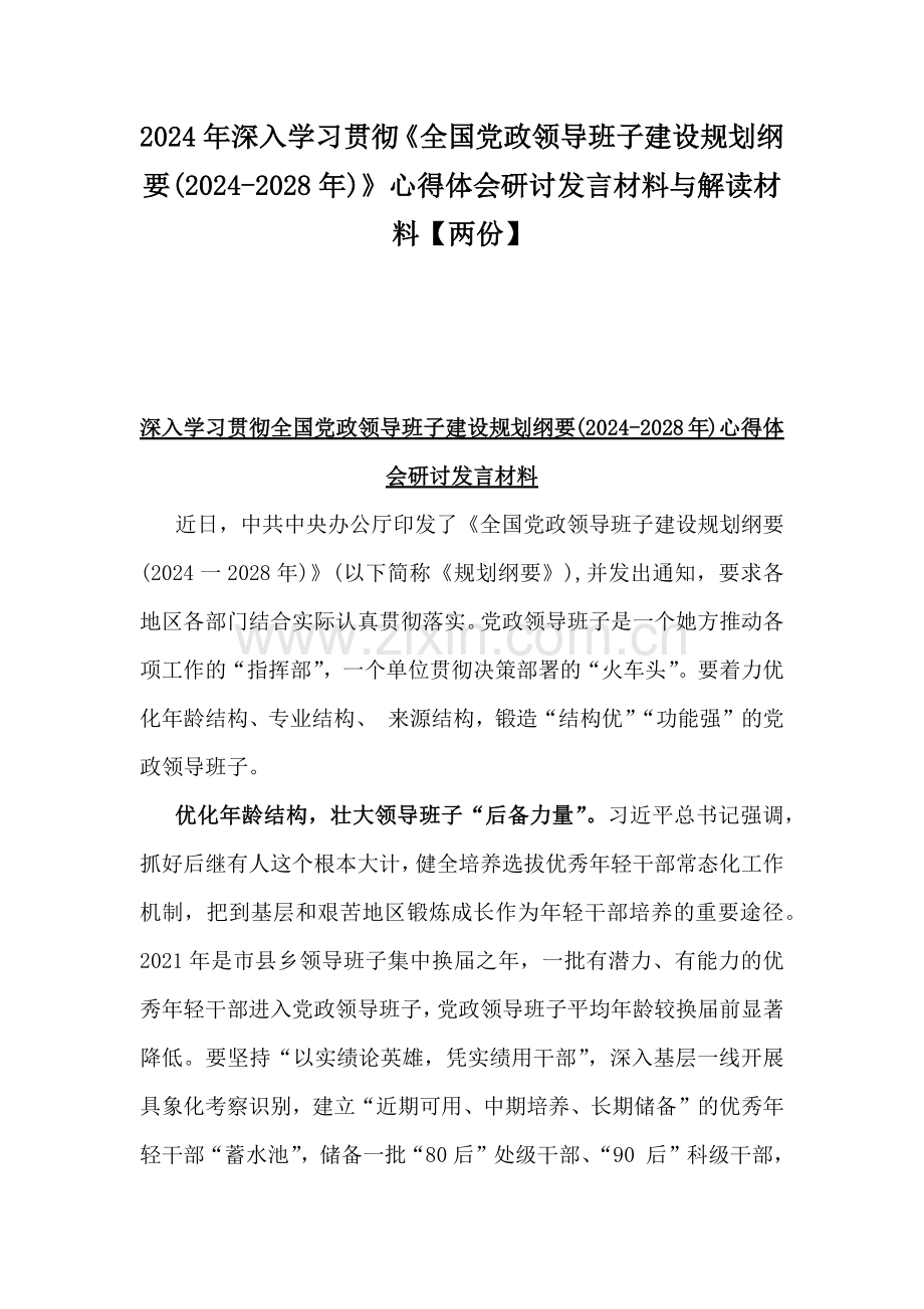 2024年深入学习贯彻《全国党政领导班子建设规划纲要(2024-2028年)》心得体会研讨发言材料与解读材料【两份】.docx_第1页