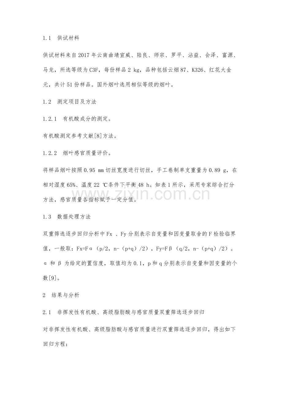 烤烟非挥发性有机酸和高级脂肪酸与感官质量相关分析.docx_第3页