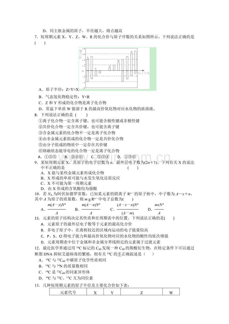 高一化学下册4月月考试题7.doc_第2页