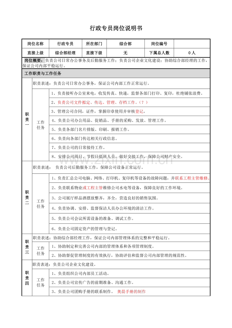 行政专员岗位说明书范本.doc_第1页