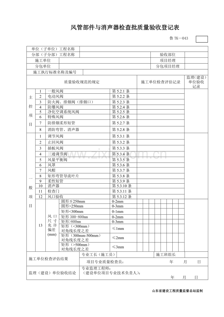 鲁风管部件与消声器检验批质量验收记录表.doc_第1页