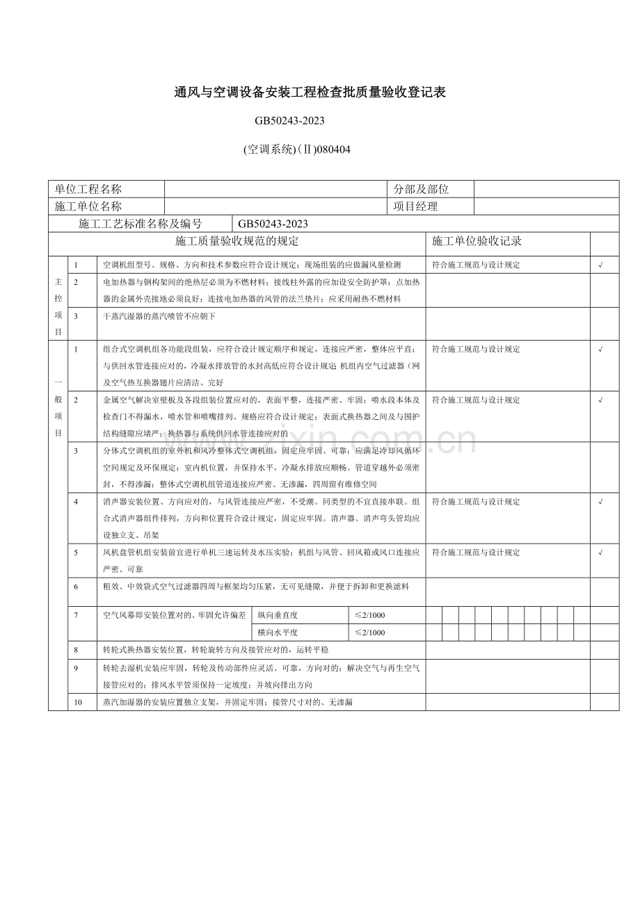 通风与空调设备安装工程检验批质量验收记录表.doc_第1页