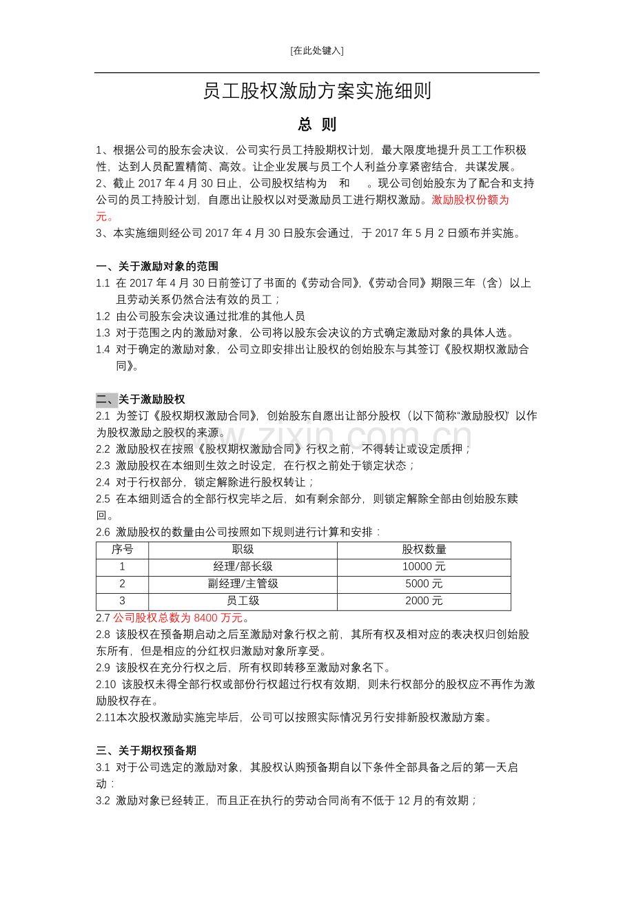 2017员工股权激励方案实施细则.docx_第1页