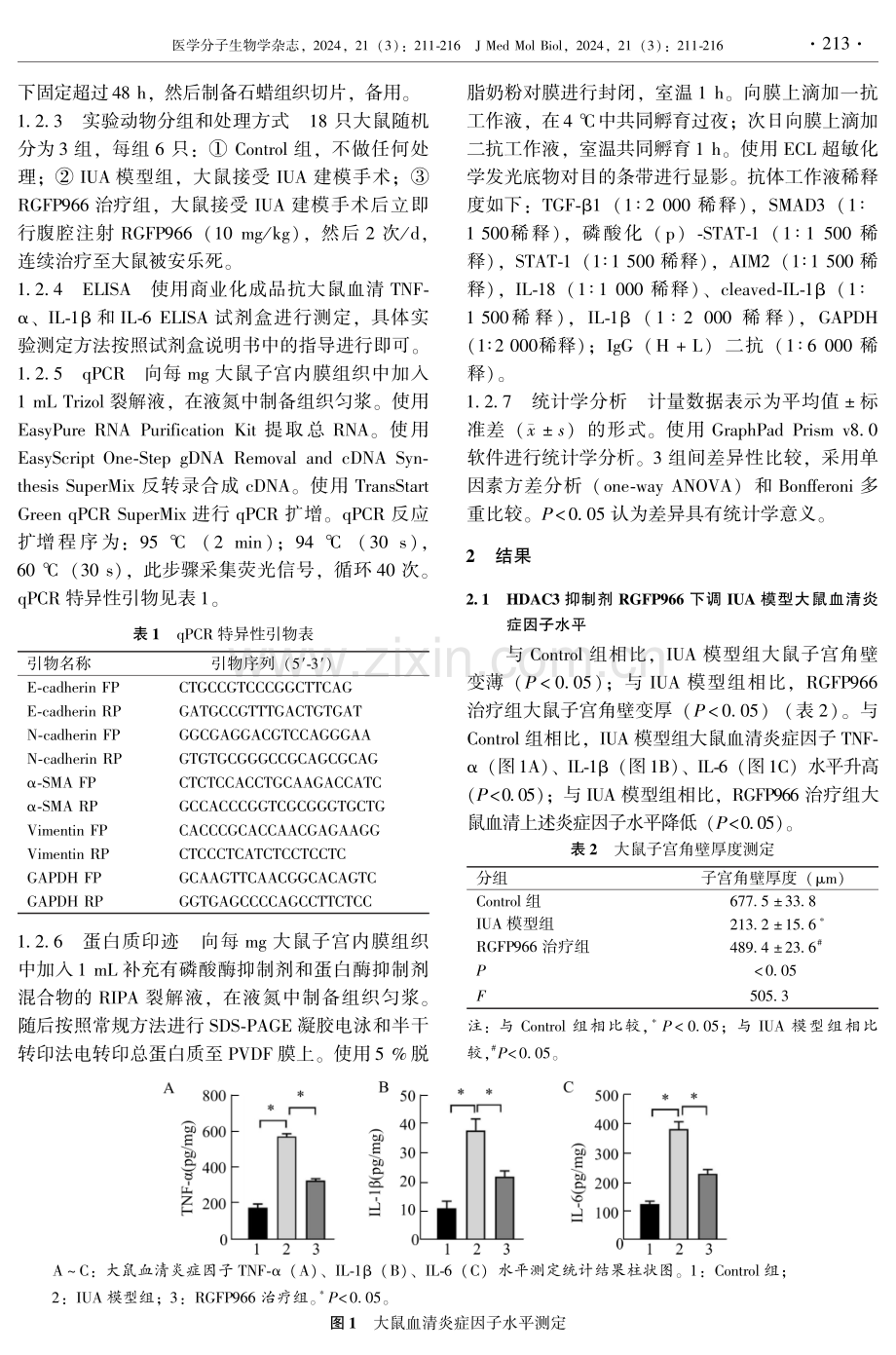 HDAC3抑制剂RGFP966通过下调TGF-β1_SMAD3_STAT-1信号通路抑制AIM2炎症小体活化和EMT缓解子宫内膜纤维化.pdf_第3页