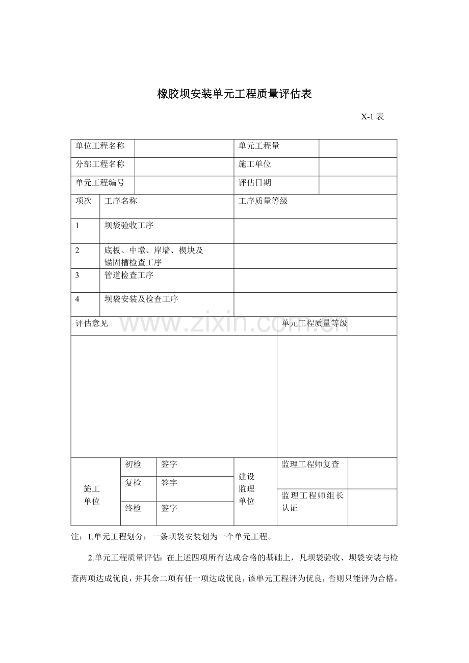 橡胶坝安装单元工程质量评定表.doc_第1页