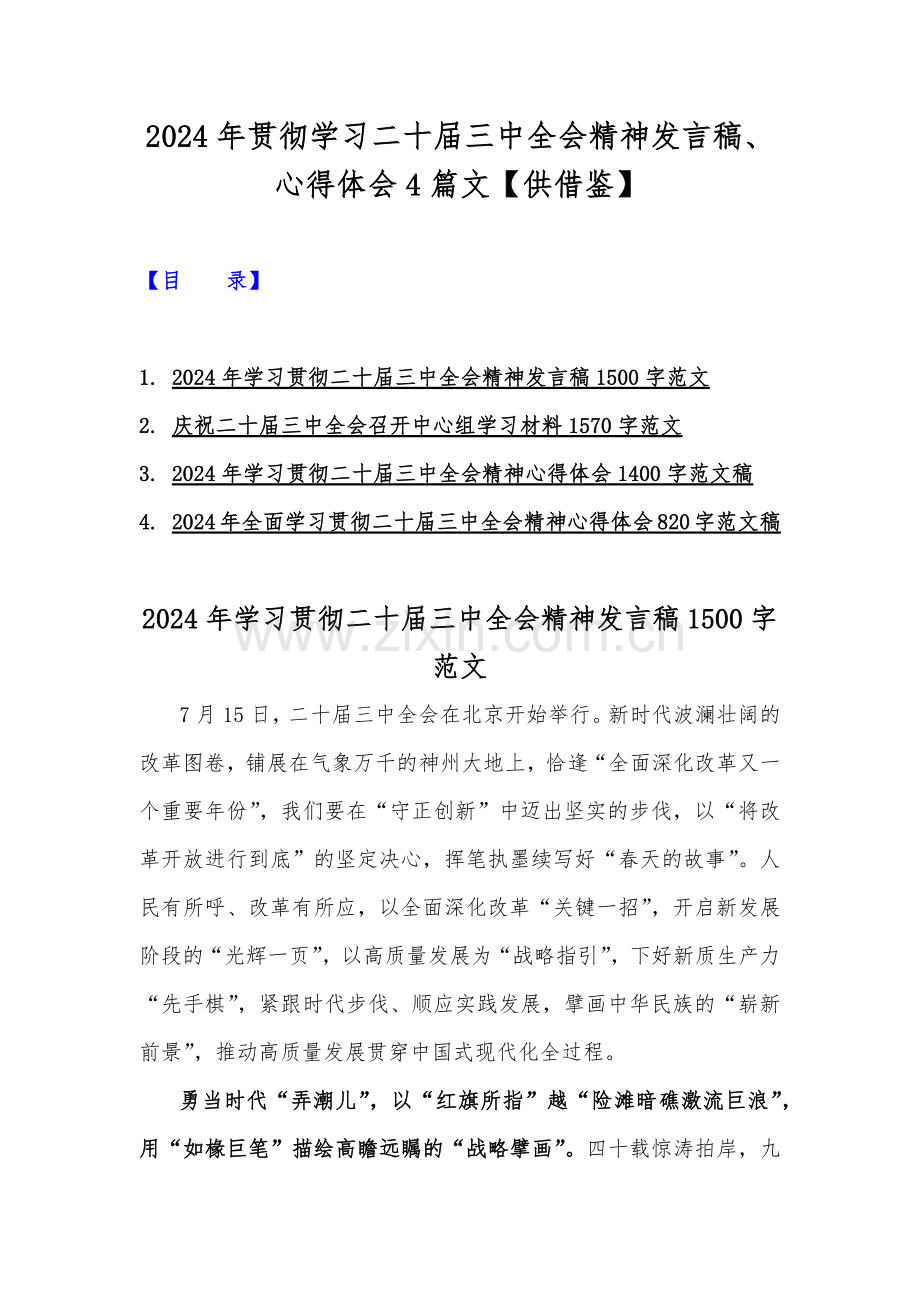 2024年贯彻学习二十届三中全会精神发言稿、心得体会4篇文【供借鉴】.docx_第1页