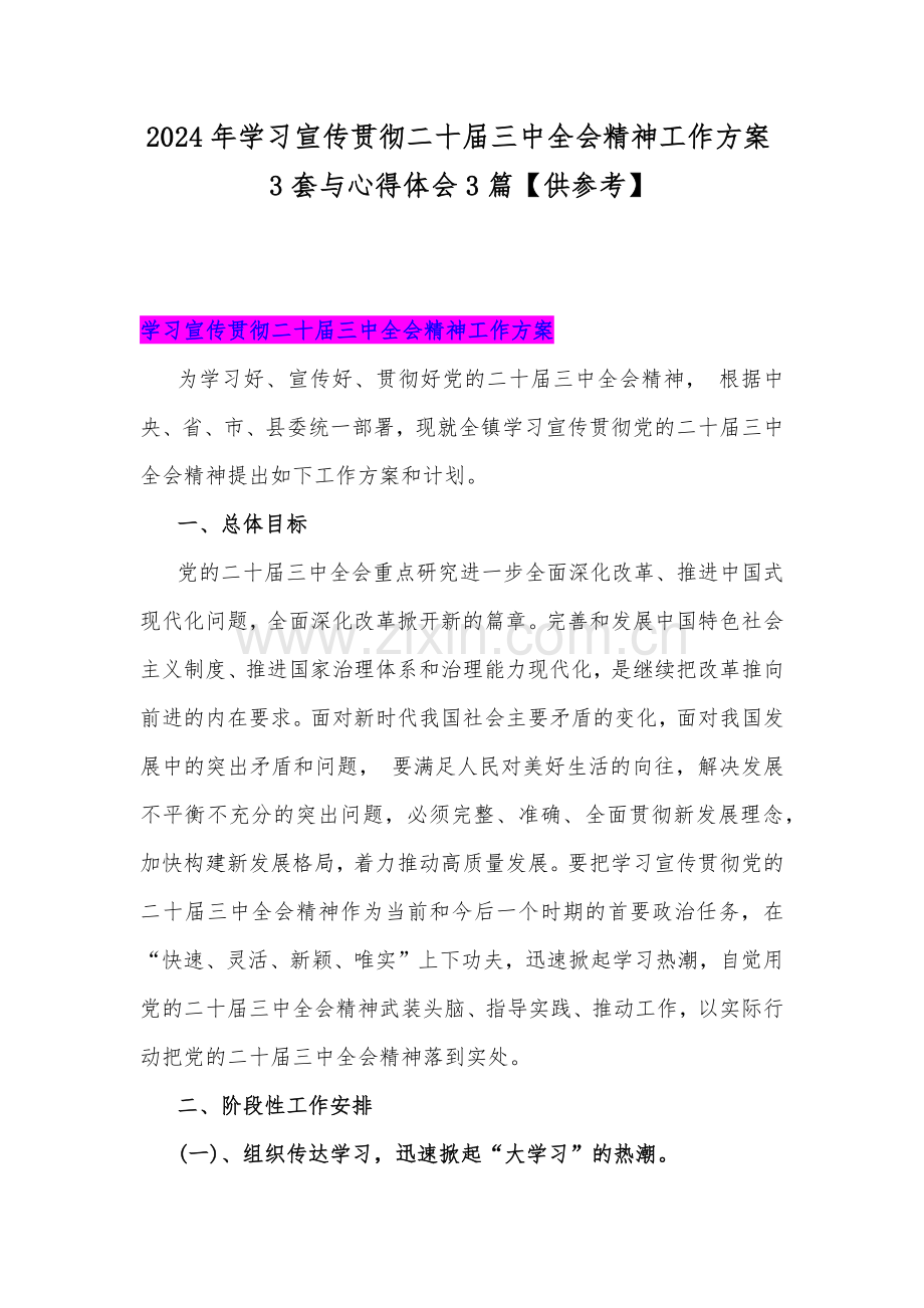 2024年学习宣传贯彻二十届三中全会精神工作方案3套与心得体会3篇【供参考】.docx_第1页