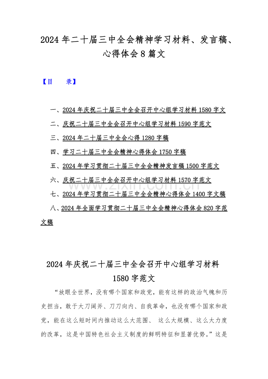 2024年二十届三中全会精神学习材料、发言稿、心得体会8篇文.docx_第1页