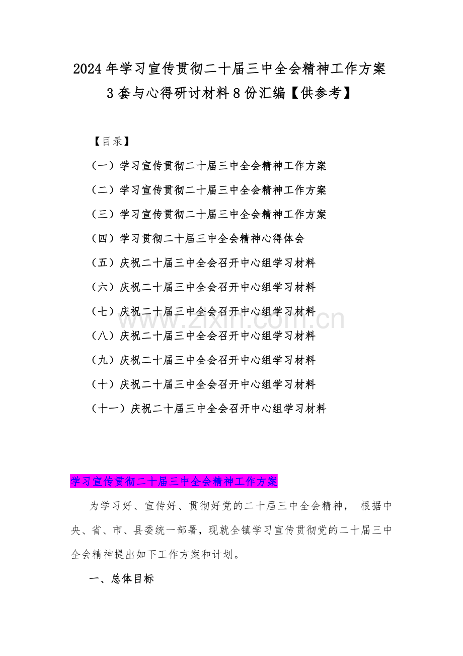 2024年学习宣传贯彻二十届三中全会精神工作方案3套与心得研讨材料8份汇编【供参考】.docx_第1页