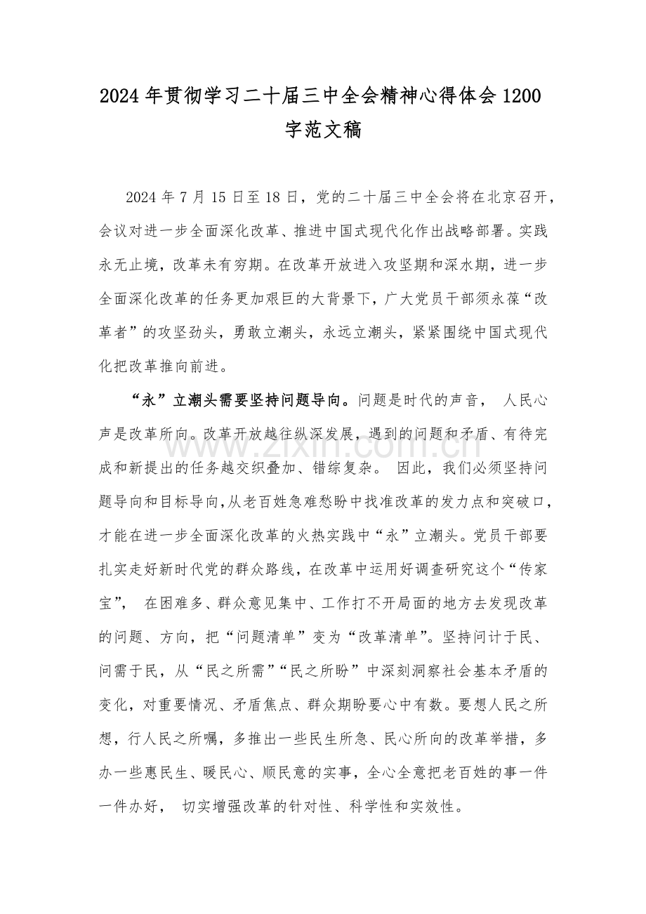 2024年贯彻学习二十届三中全会精神心得体会1200字范文稿.docx_第1页