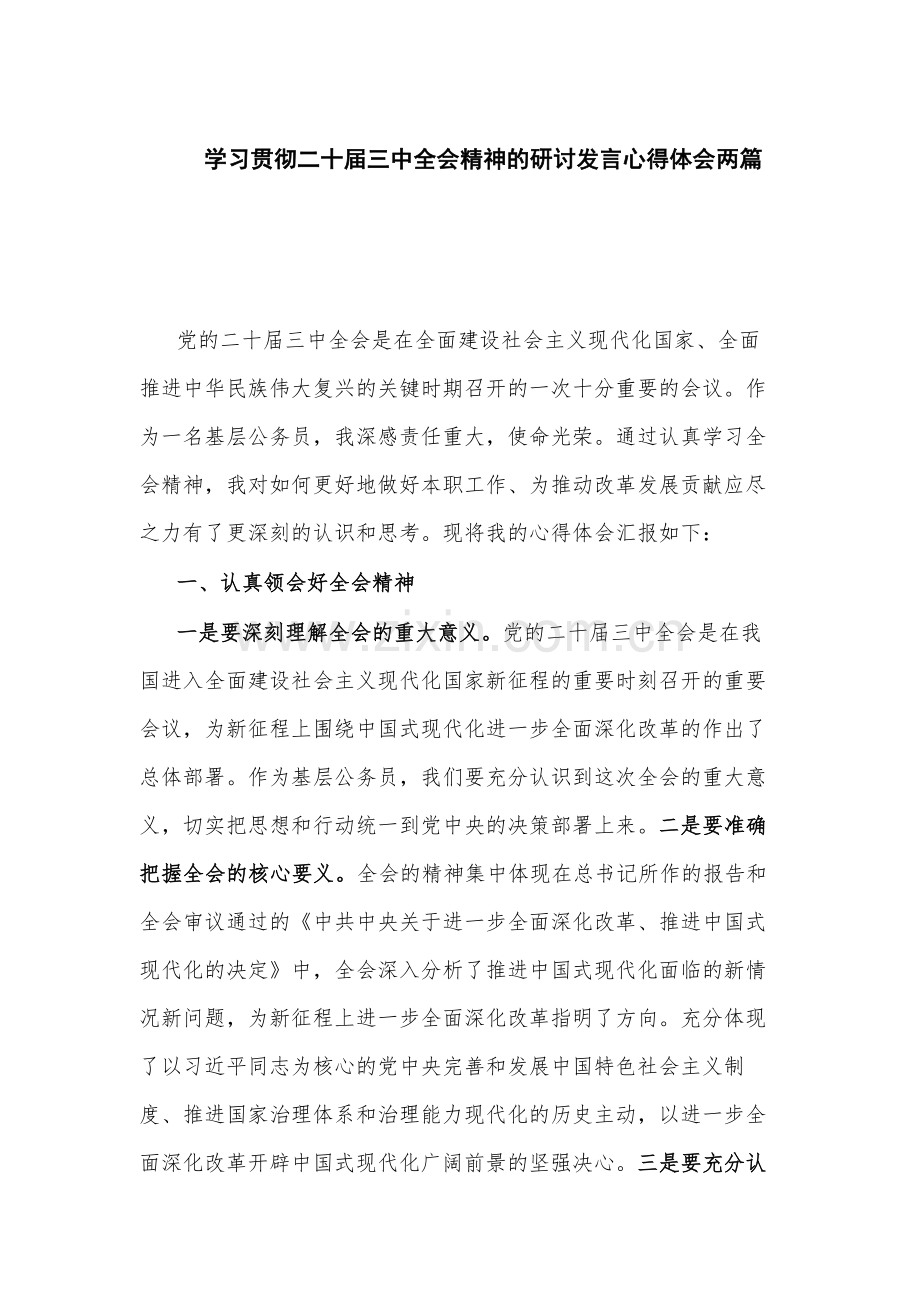 学习贯彻二十届三中全会精神的研讨发言心得体会两篇.docx_第1页